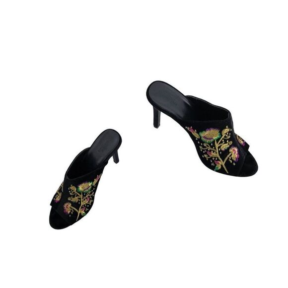 Urban Outfitters Formal Velvet Mules 8 Black Zoe Gold Floral Embroidered 4" Heel - Picture 13 of 13